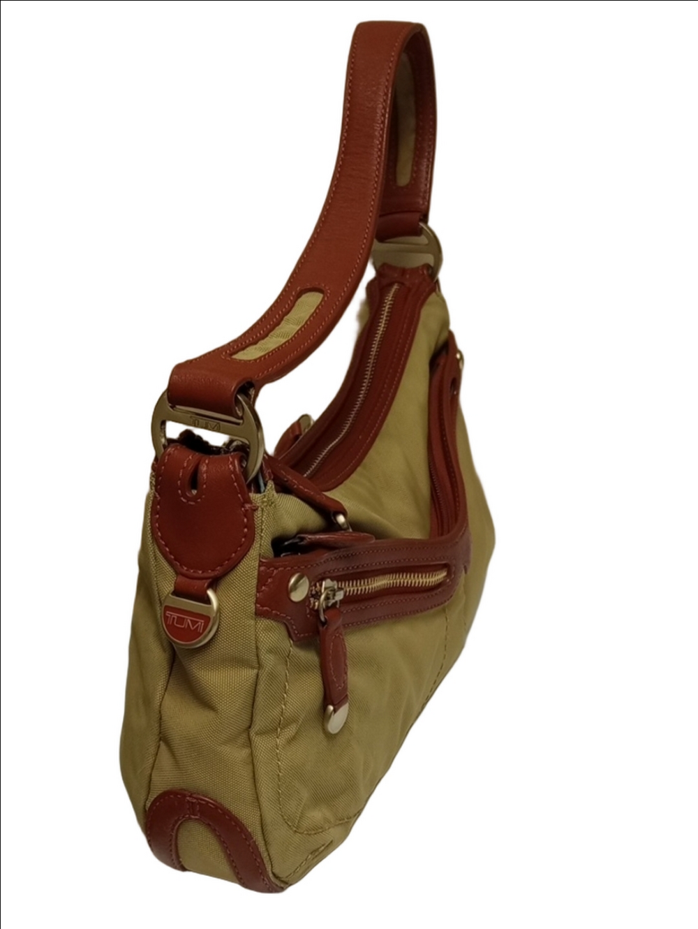 TUMI TAN BALLISTIC NYLON SHOULDER BAG WITH BROWN LEATHER TRIM - Picture 4 of 16